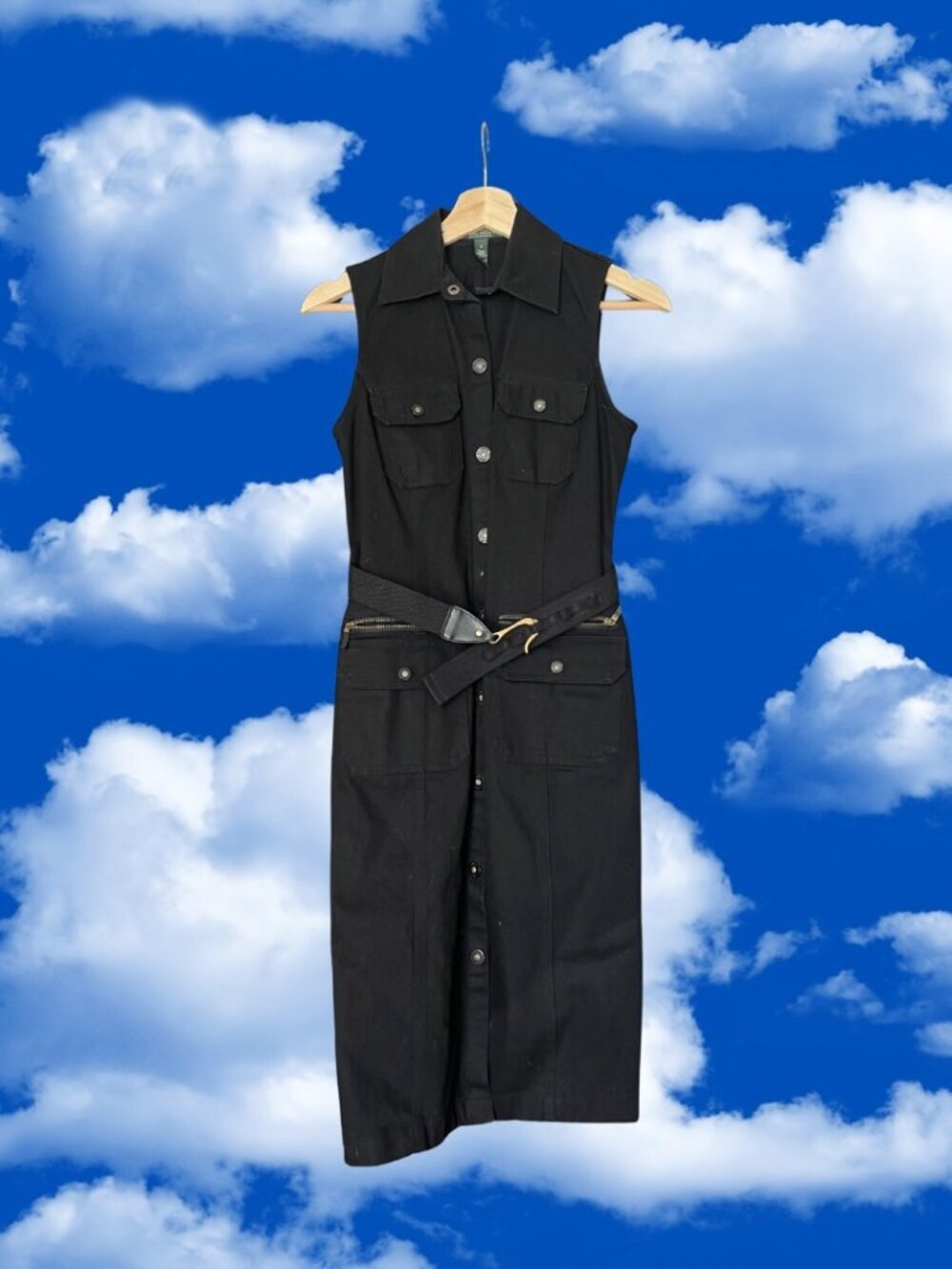 Vintage Ralph Lauren Black Denim Sleeveless Button-Up Midi Dress with Belt